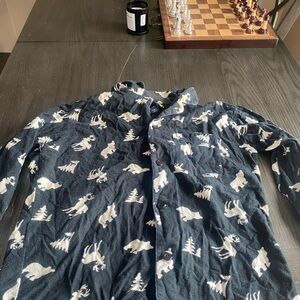 Vintage Navy Blue Animal Print Button-Up Shirt and Pants